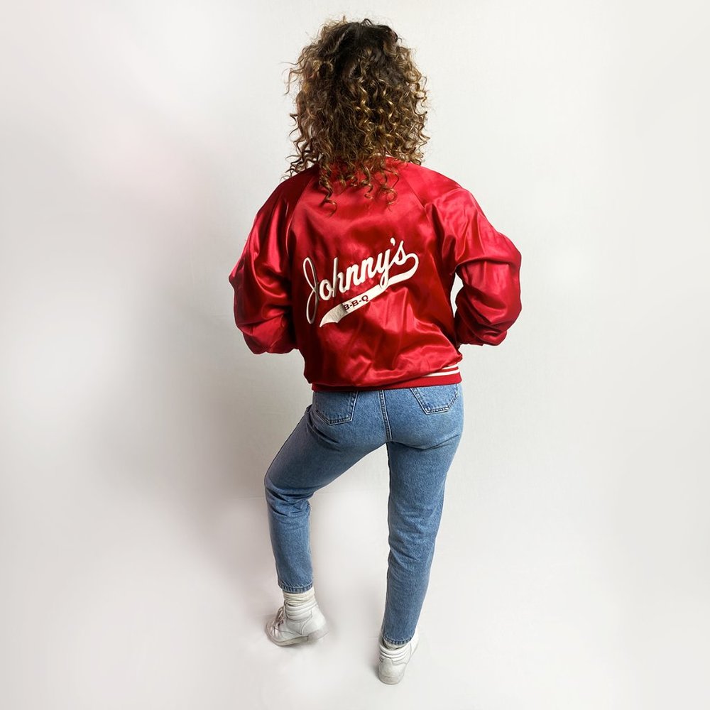 Vintage Red Satin "Johnny's BBQ" Bomber Jacket